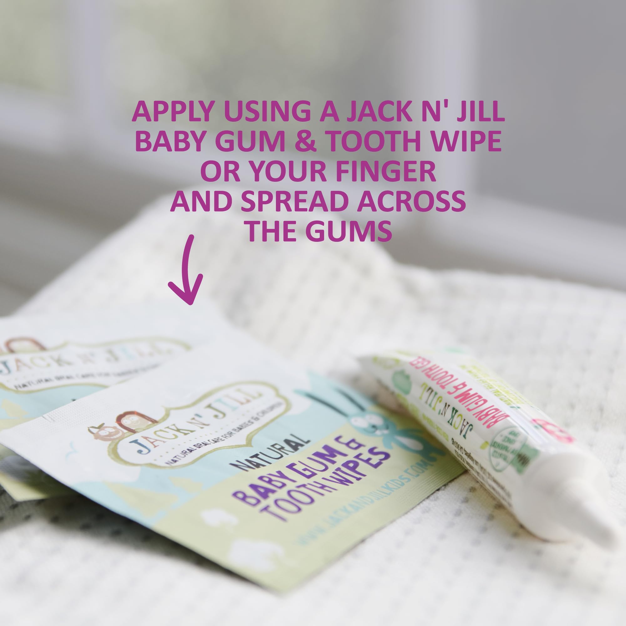 Jack N' Jill baby oral care routine illustration.