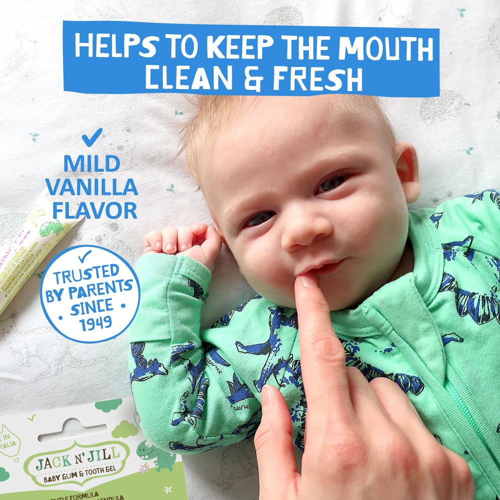 Jack N' Jill teething gel on finger for simple application.