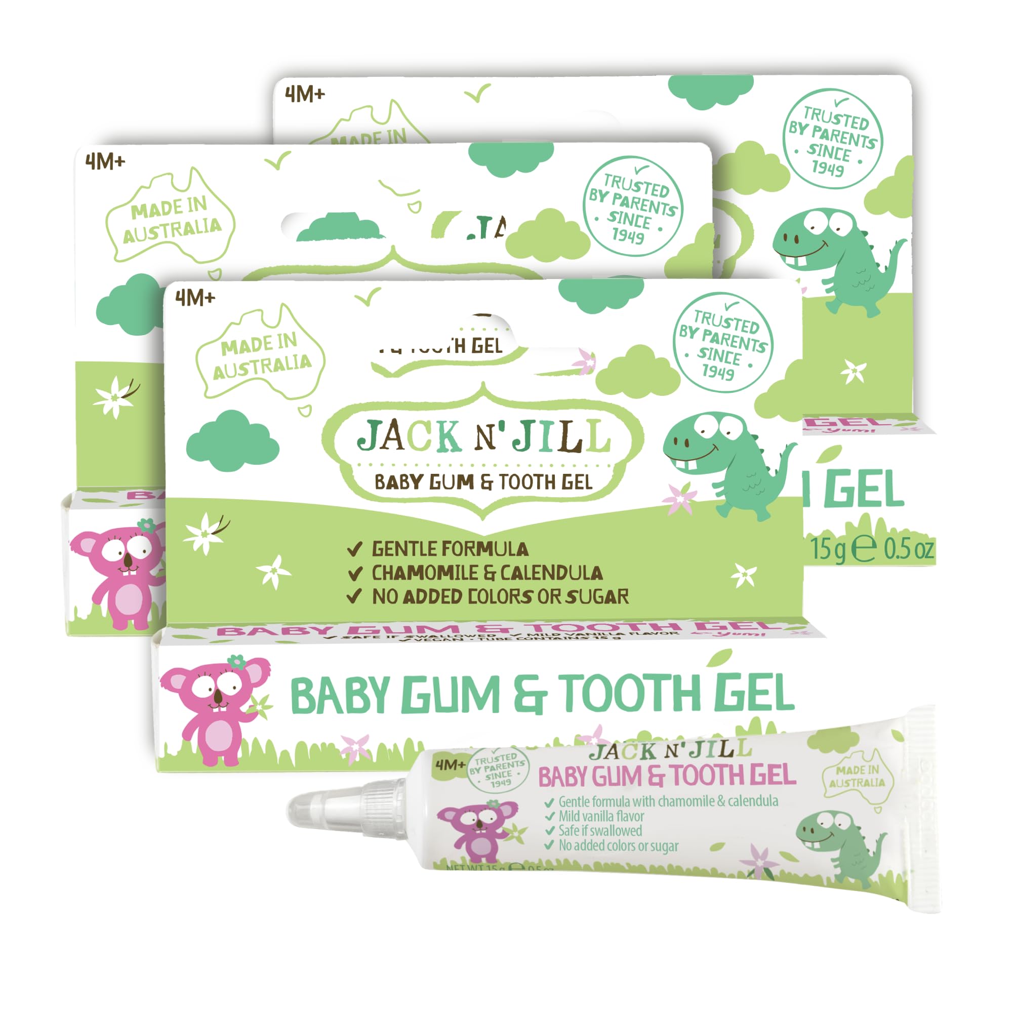 Jack N' Jill teething gel tube shown for gentle gum care.