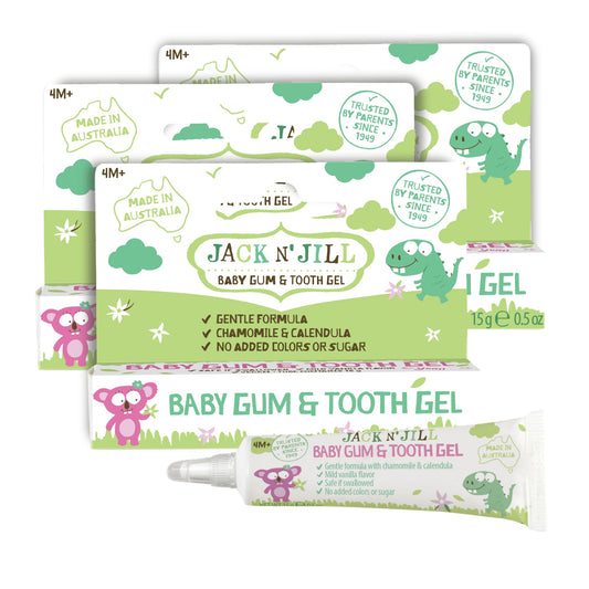 Jack N' Jill teething gel tube shown for gentle gum care.