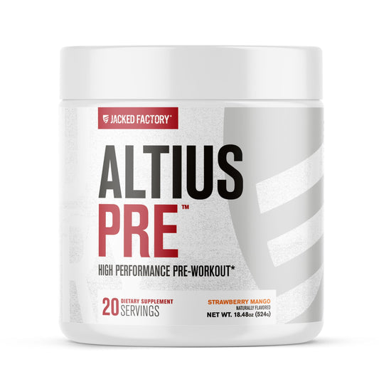 Jacked Factory Altius pre-workout bottle shows high-dose energy formula.