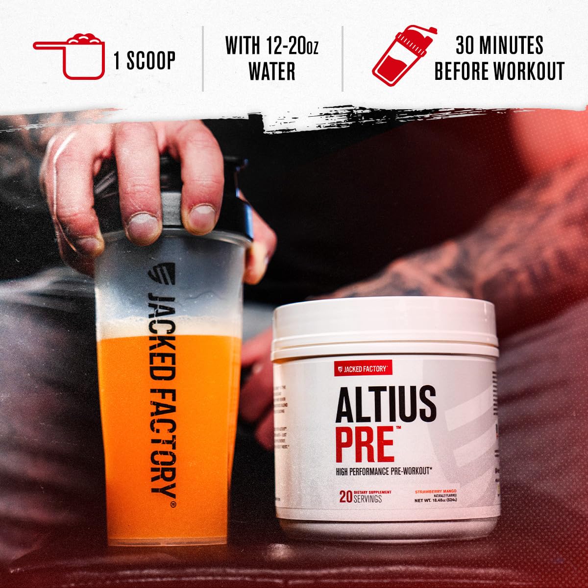 Powder being stirred in a shaker demonstrates quick pre-workout mixing.