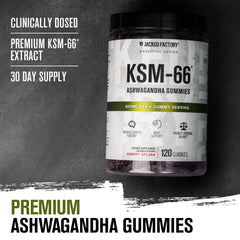 Jacked Factory Ashwagandha Gummies bottle back with dosage and supplement facts.