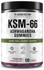 Jacked Factory Ashwagandha Gummies bottle front showing Cherry Splash flavor for daily wellness.