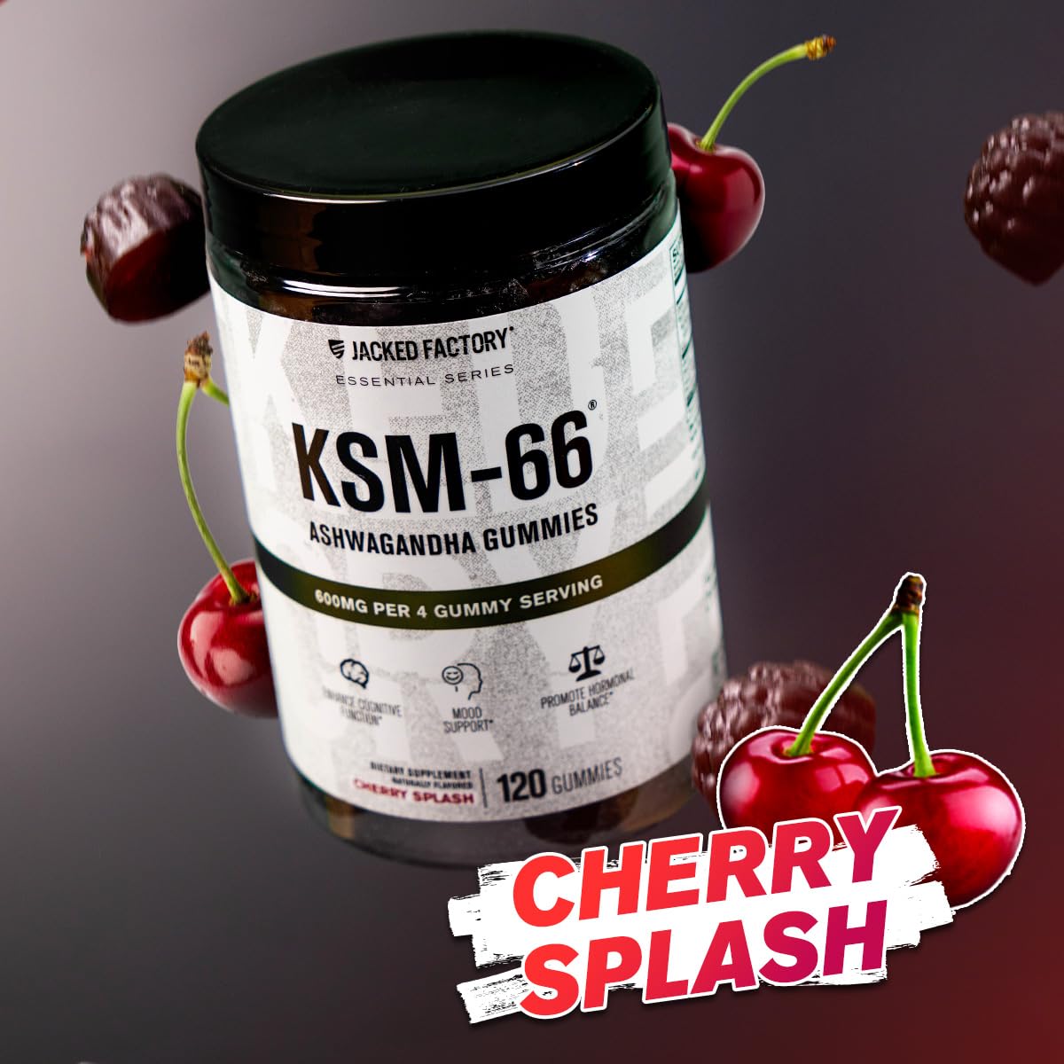 Jacked Factory Ashwagandha Gummies Cherry Splash flavor on bright background.