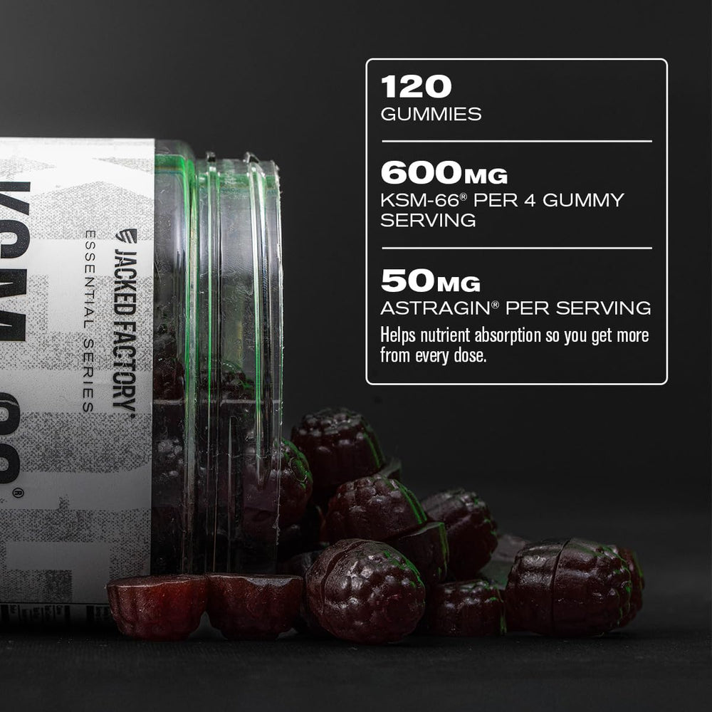 Jacked Factory Ashwagandha Gummies ingredients close-up highlighting AstraGin absorption support.