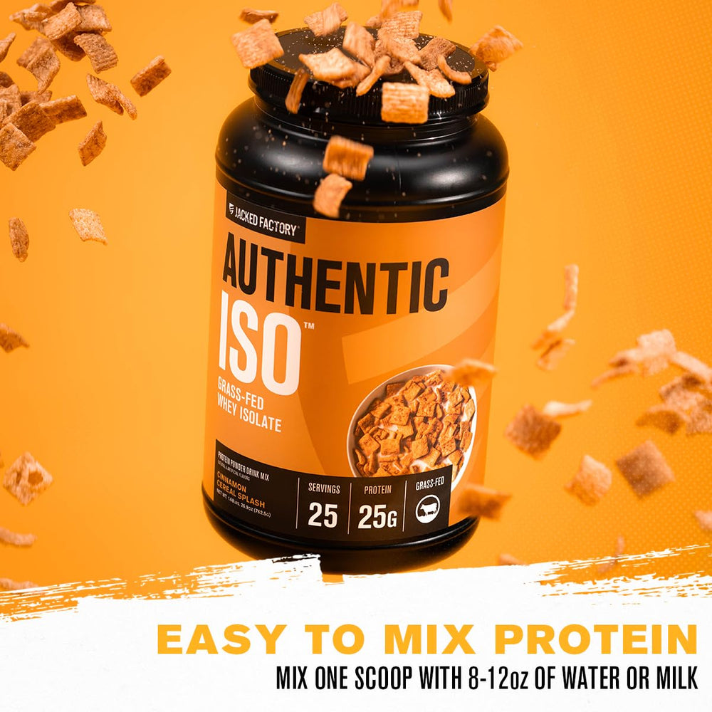 Jacked Factory Authentic ISO grass-fed whey powder label highlighting ultrapure ingredients.