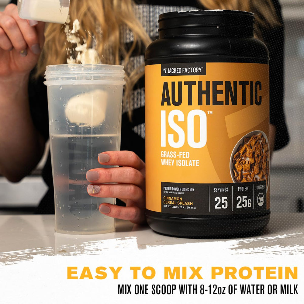 Jacked Factory Authentic ISO scoop delivering 25g protein per serving.