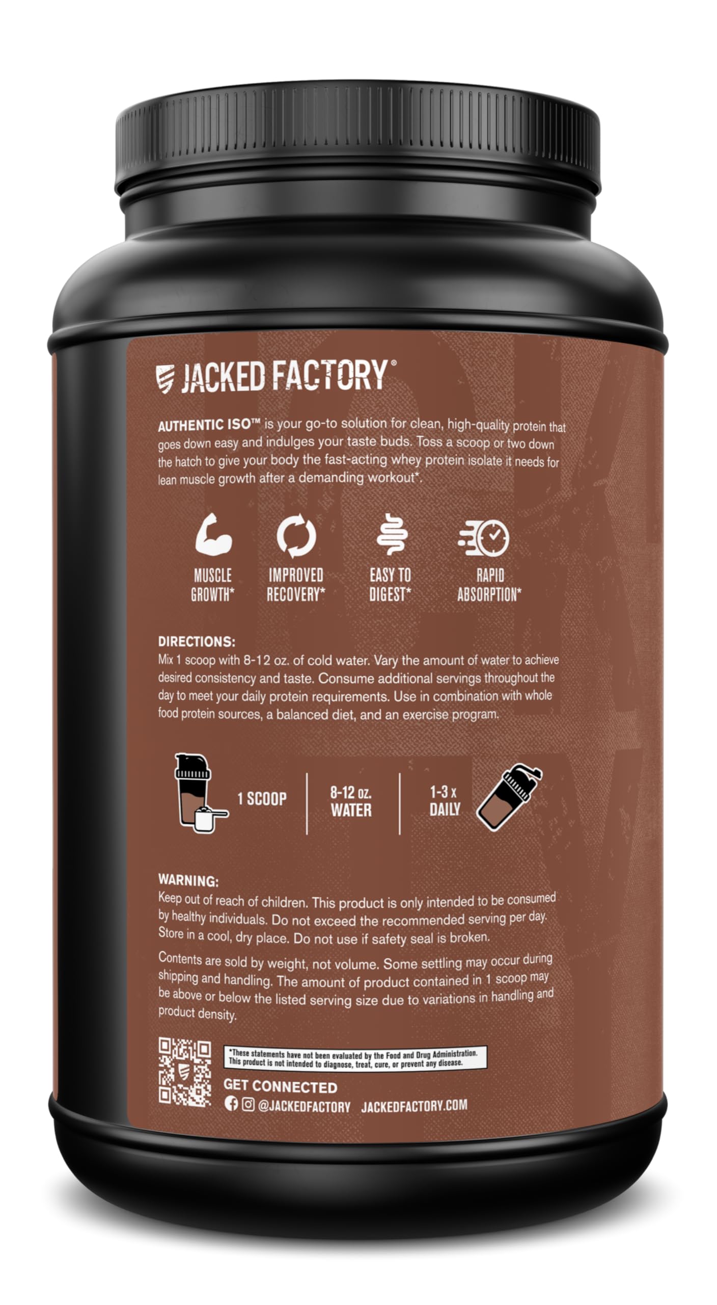 Jacked Factory Authentic ISO Whey chocolate powder highlighting rich flavor and low carbs