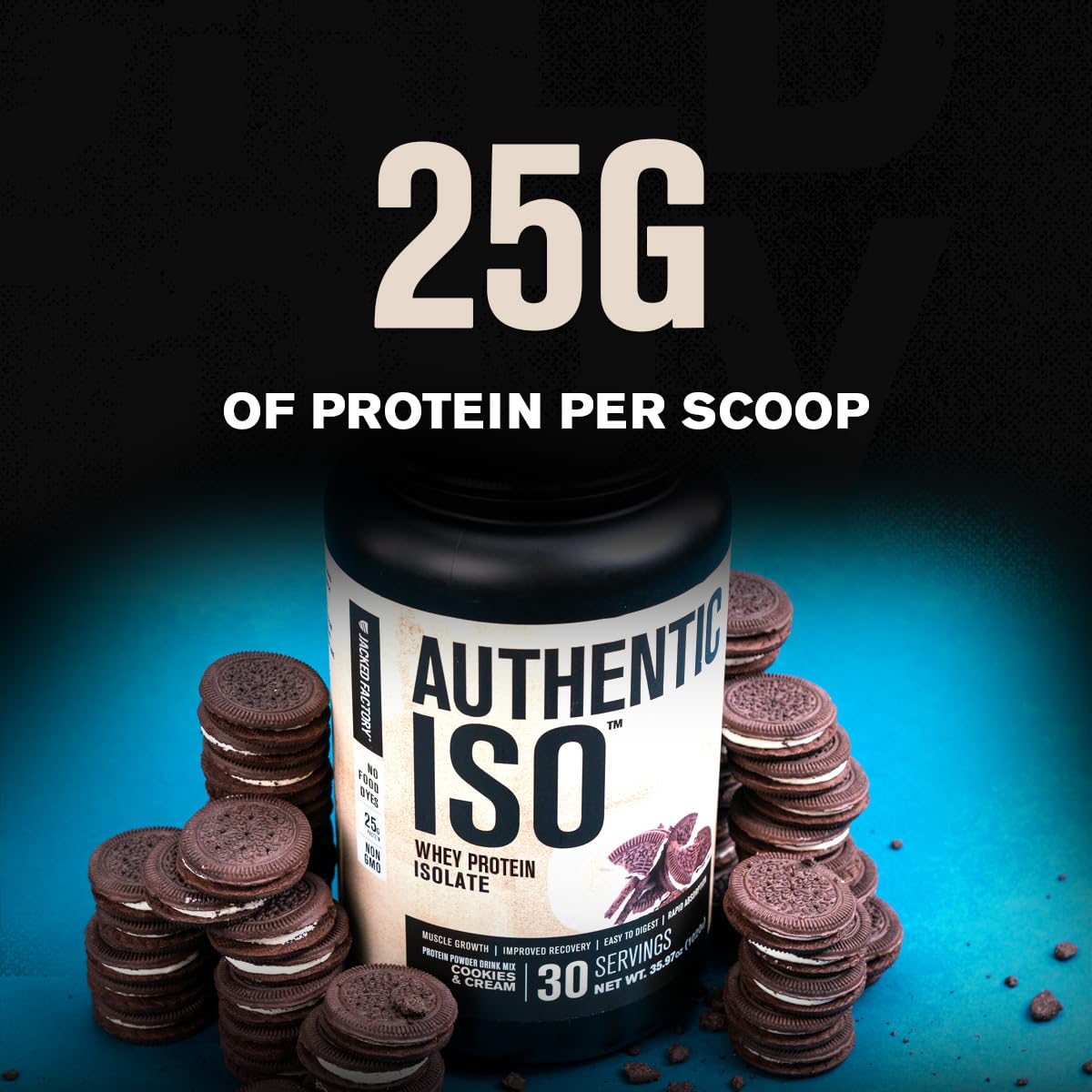 Authentic ISO whey label highlighting 25g protein per serving and low sugar