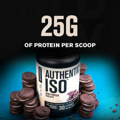Authentic ISO whey label highlighting 25g protein per serving and low sugar