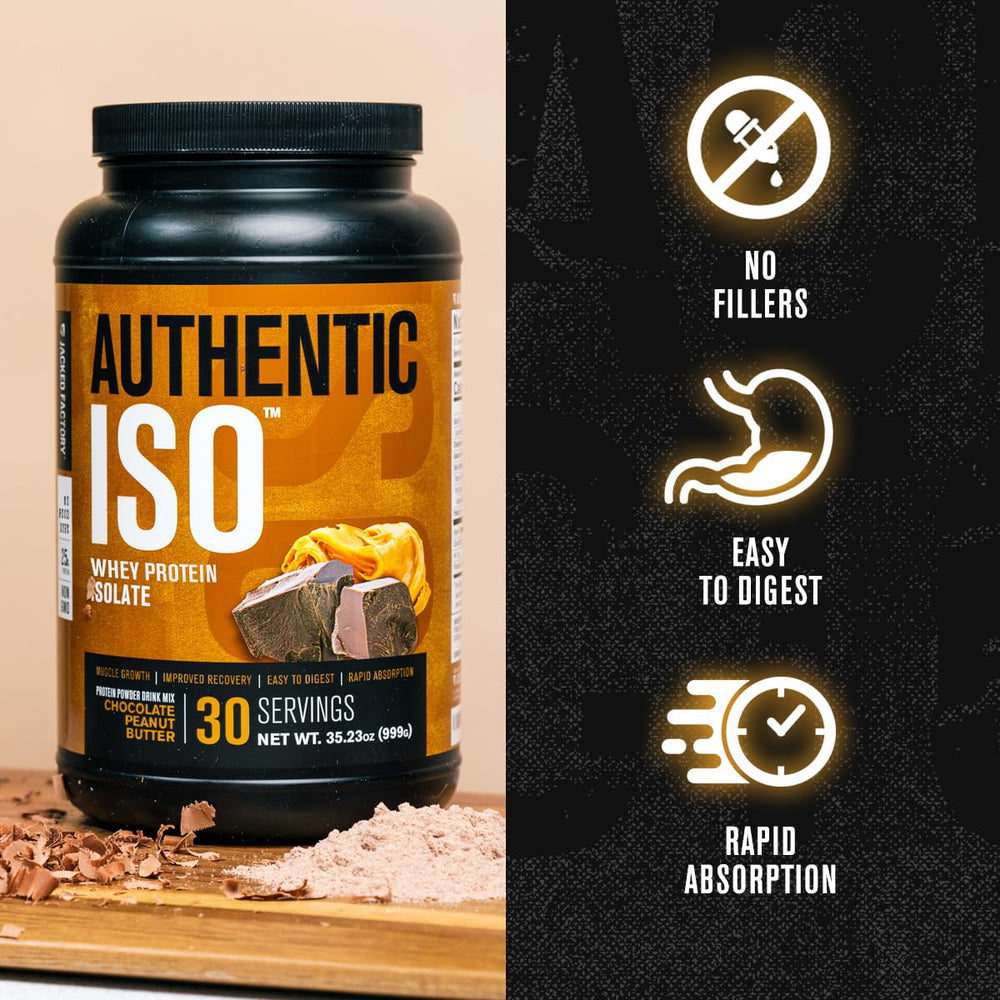 Jacked Factory Authentic ISO powder scoop beside tub for fast absorption
