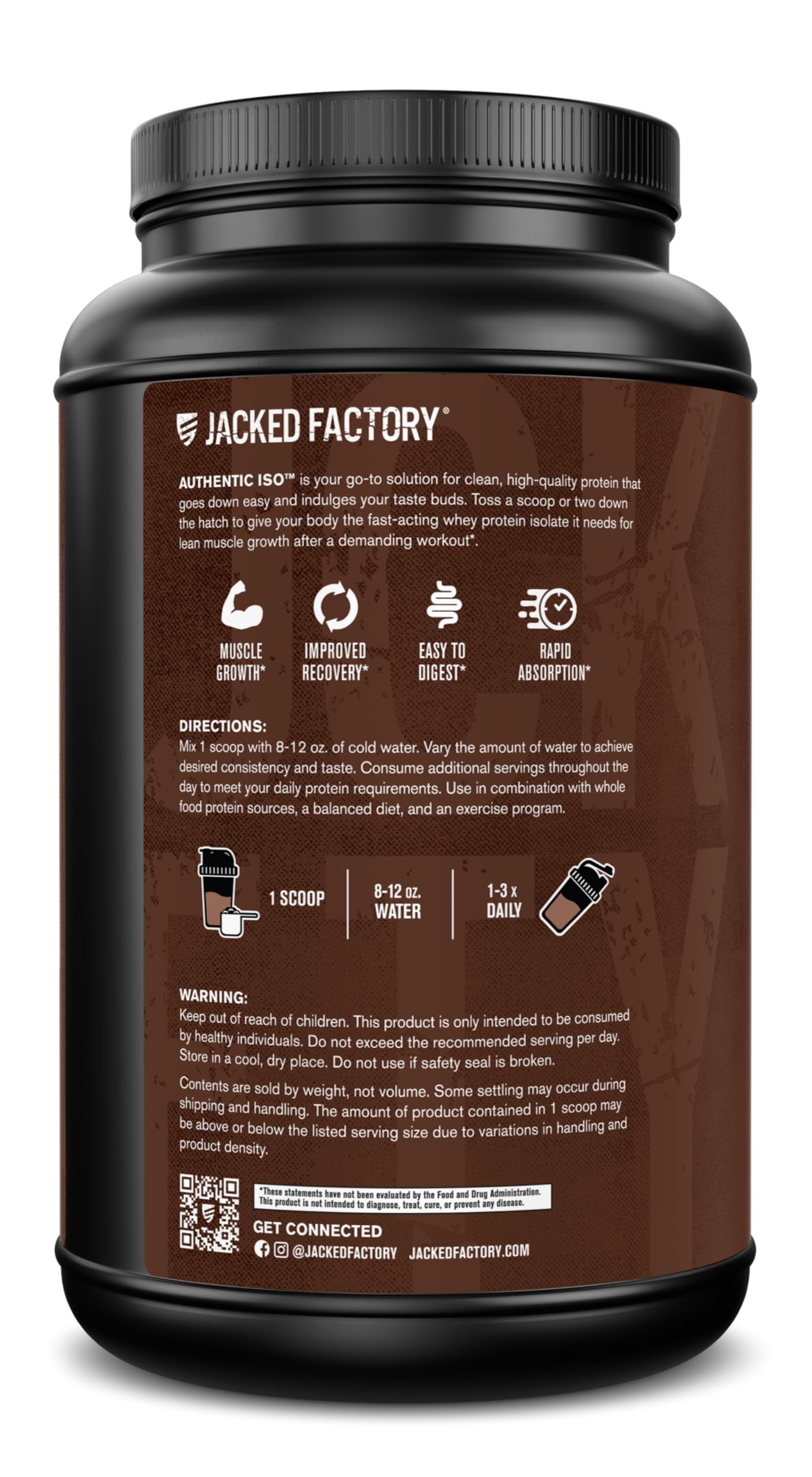 Jacked Factory Authentic ISO nutrition panel closeup explains protein per serving and sugar content