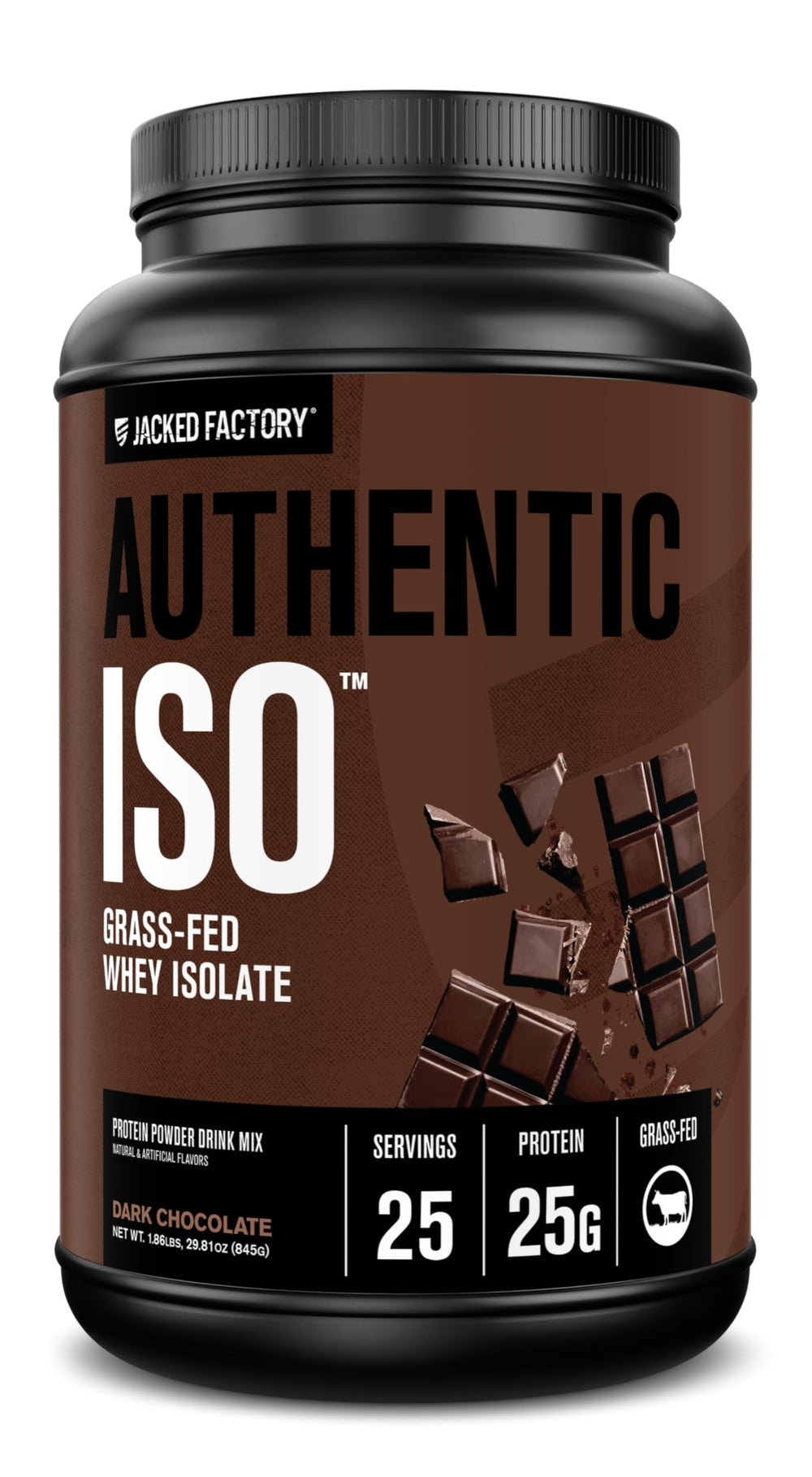 Jacked Factory Authentic ISO Whey packaging front shows clean, high-protein design for post-workout recovery