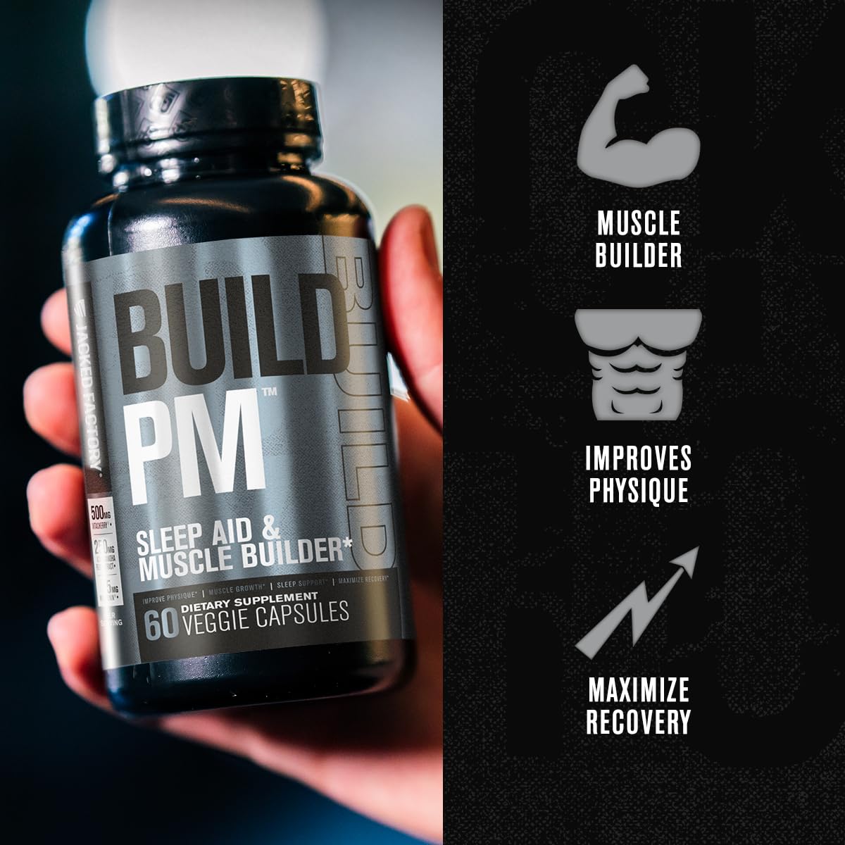 Jacked Factory Build PM bottle back label highlights ingredients and uses.