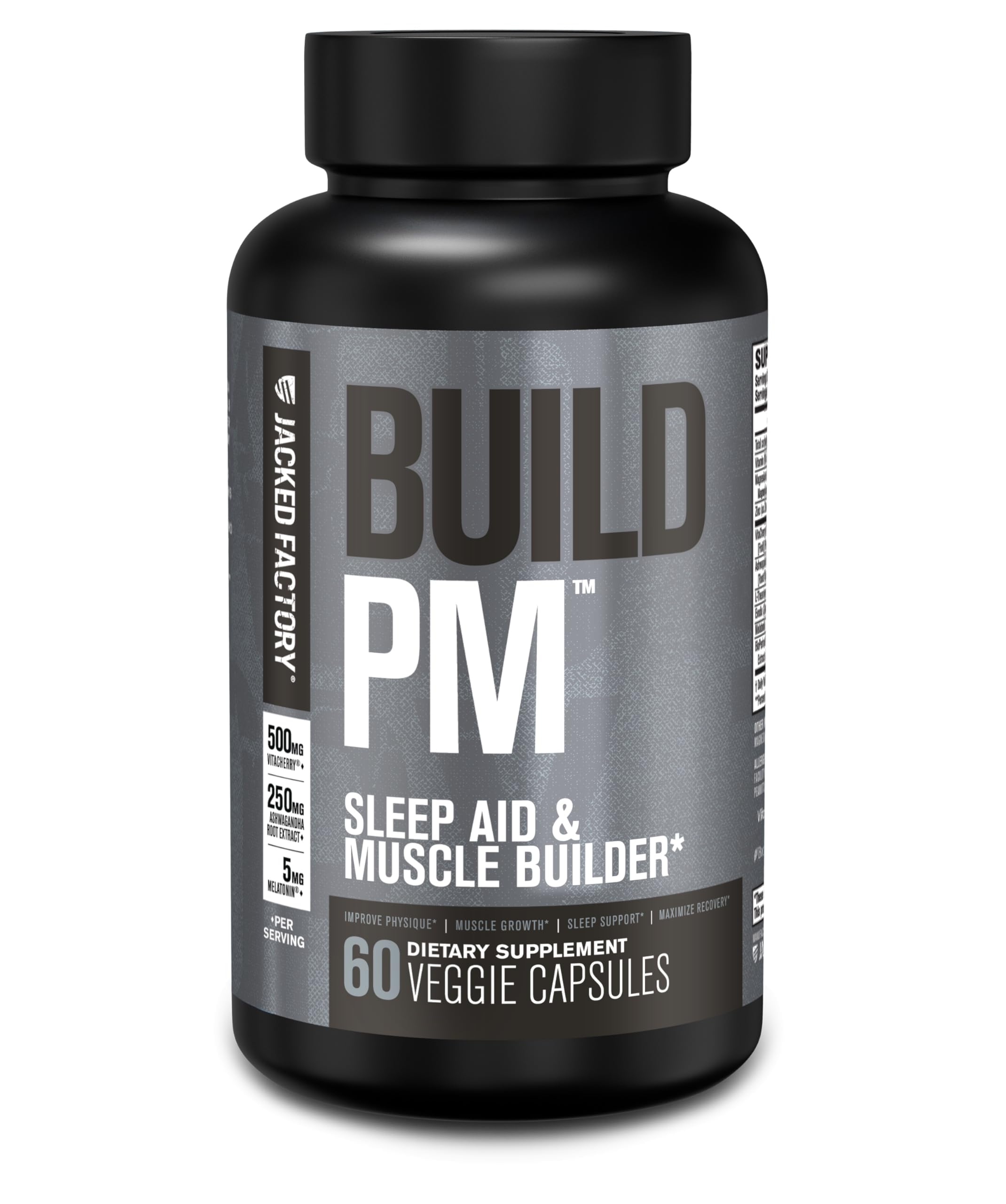 Jacked Factory Build PM bottle front view suggesting nighttime recovery benefits.