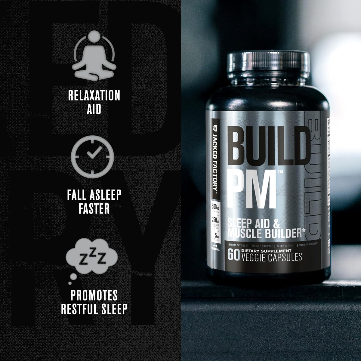 Jacked Factory Build PM Tart Cherry image emphasizes natural sleep support.
