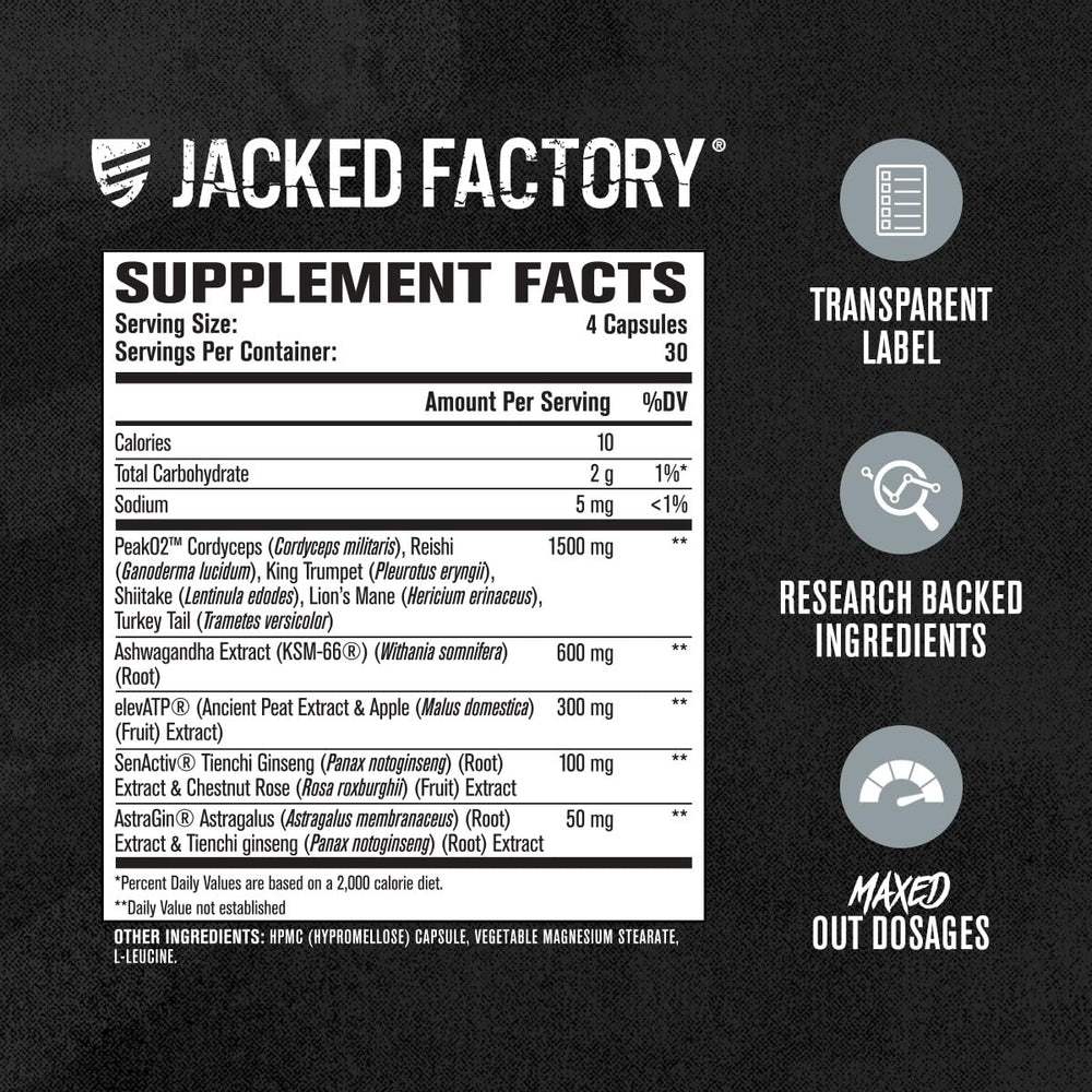 Jacked Factory Build-XT Max back panel lists Ashwagandha and PeakO2 benefits.