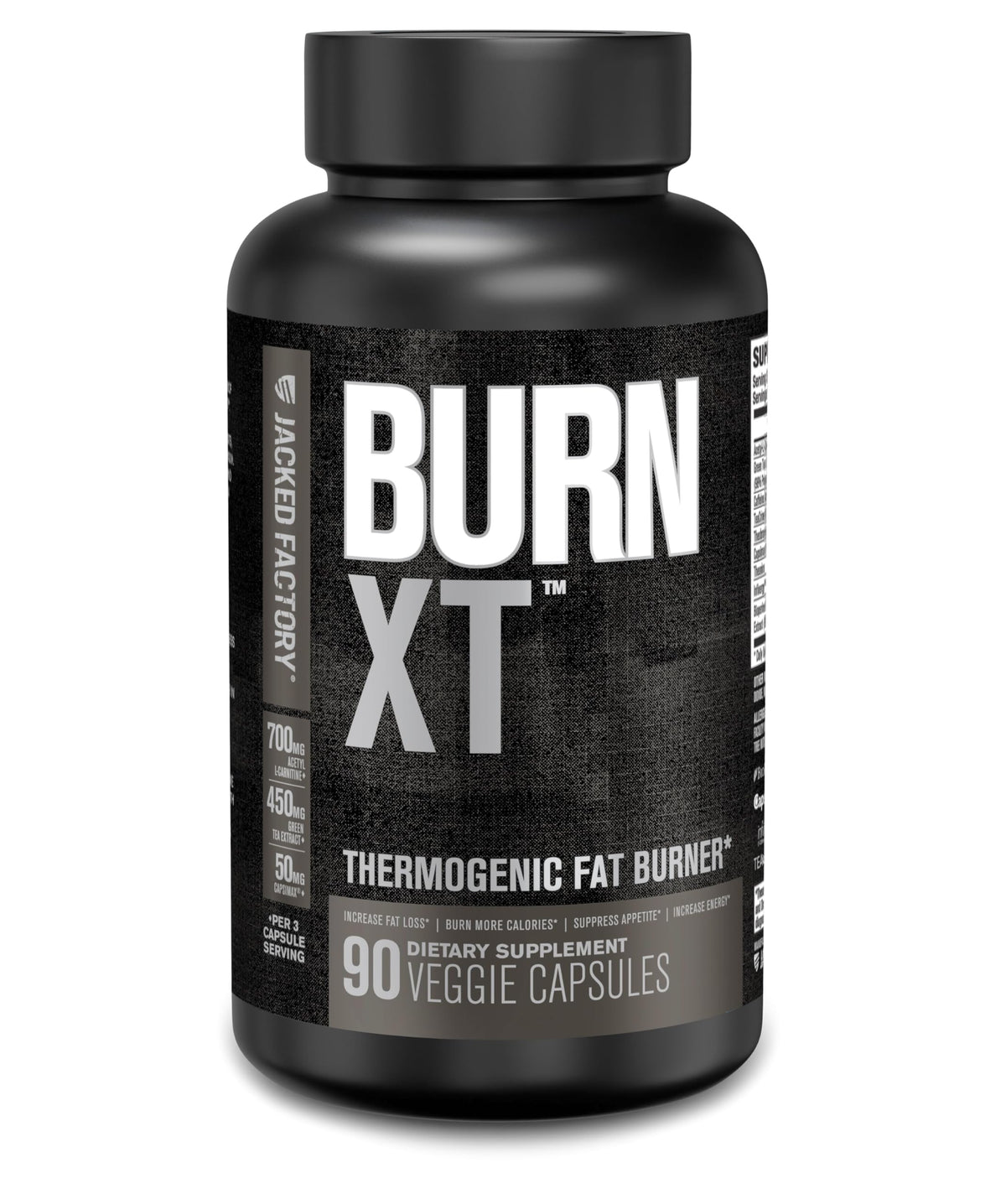 Jacked Factory Burn XT Black bottle front, compact thermogenic supplement for energy.