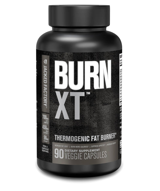 Jacked Factory Burn XT Black bottle front, compact thermogenic supplement for energy.