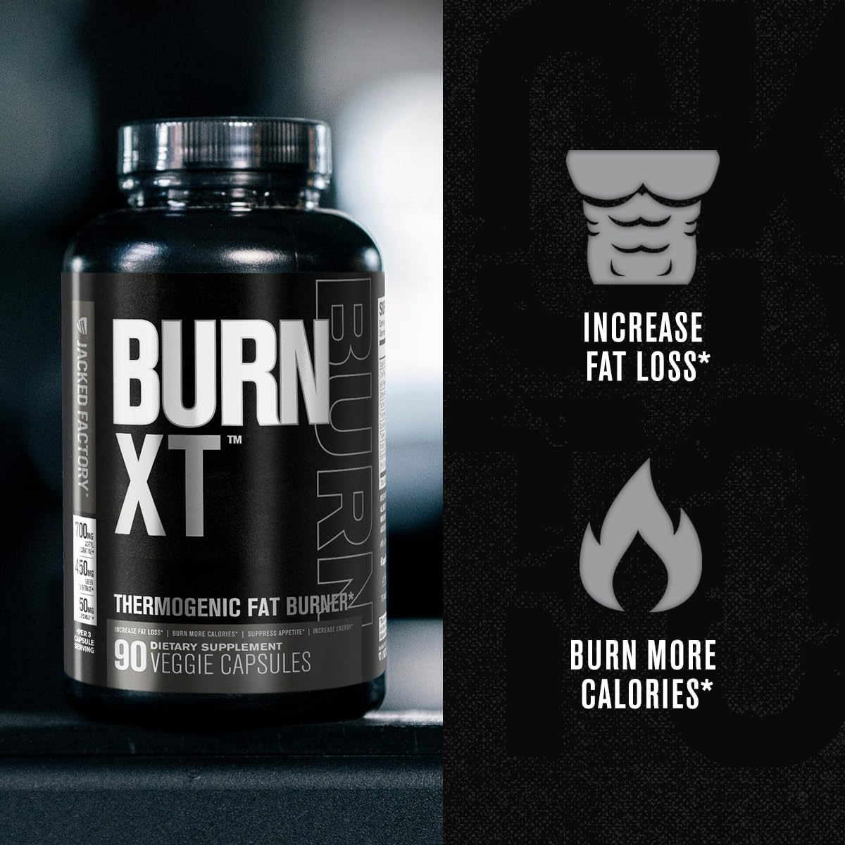 Jacked Factory Burn XT Black capsules closeup, easy-to-take capsules for daily use.