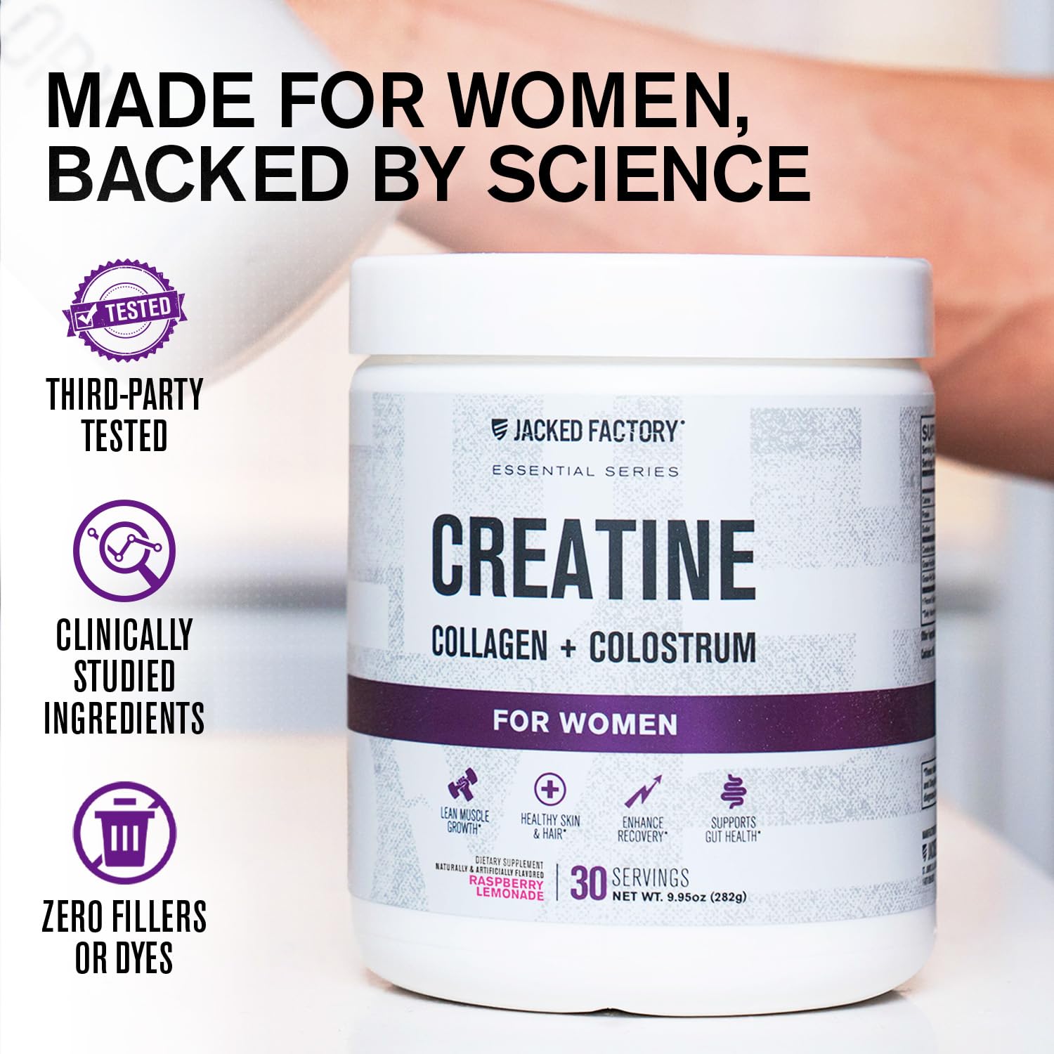 Scoop of Jacked Factory Creatine for Women beside powder for workouts