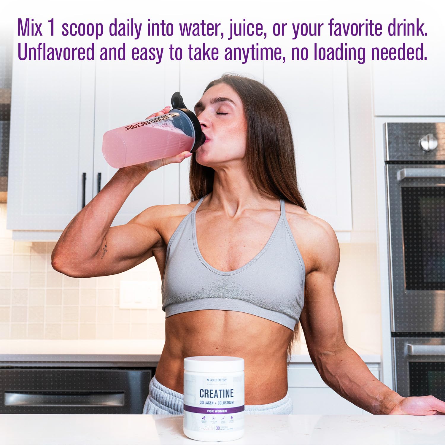 Collagen and colostrum ingredients highlighted in Jacked Factory Creatine for Women watermelon