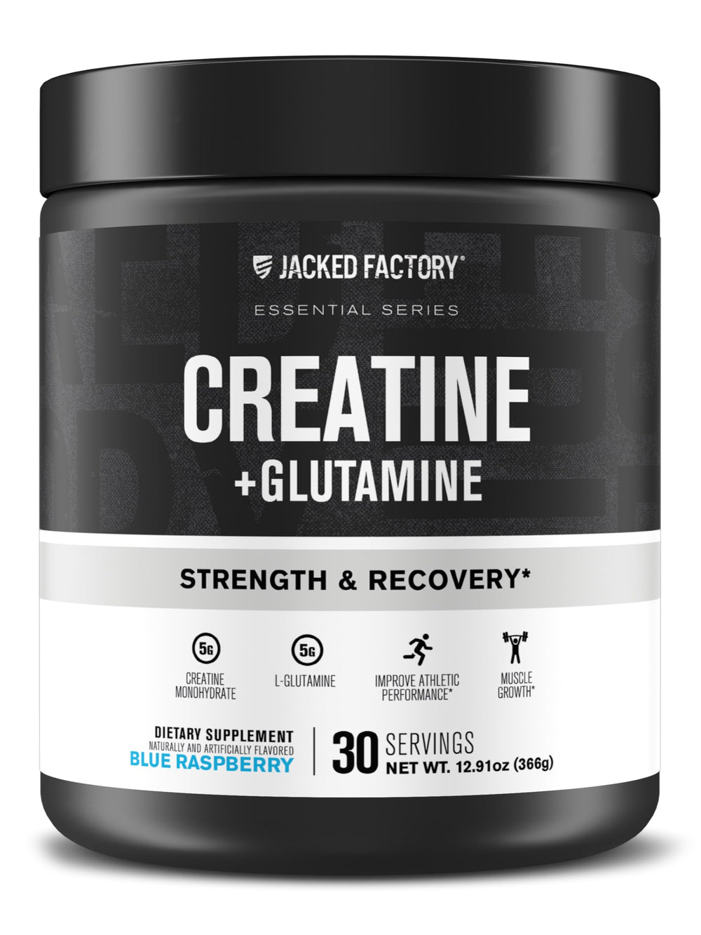 Jacked Factory Creatine + Glutamine bottle blue raspberry flavor supports muscle recovery.