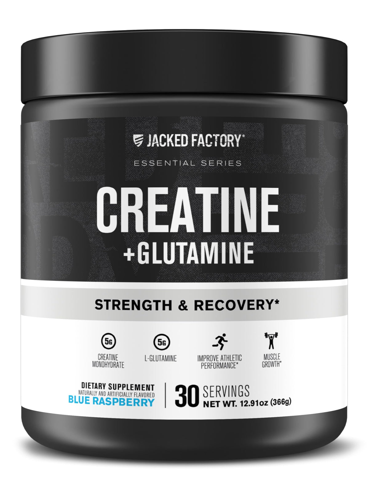 Jacked Factory Creatine + Glutamine bottle blue raspberry flavor supports muscle recovery.