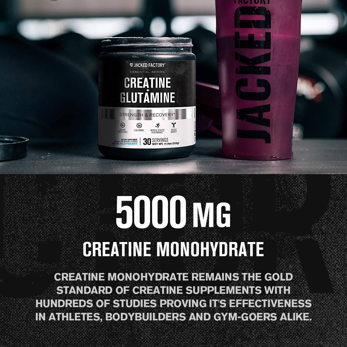 Jacked Factory Creatine + Glutamine label close-up shows creatine monohydrate and glutamine.