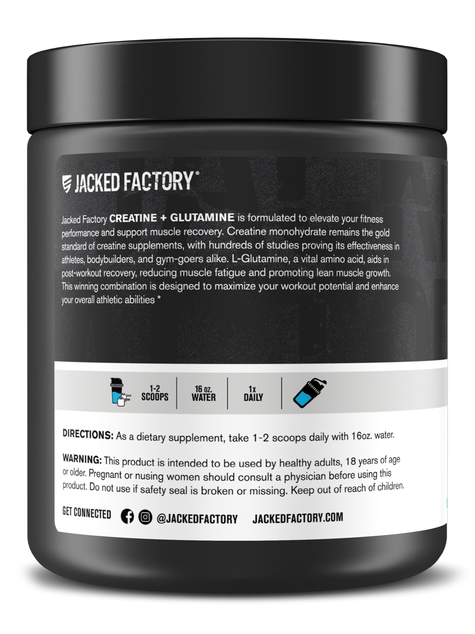 Jacked Factory Creatine + Glutamine packaging emphasizes cGMP certification for quality.