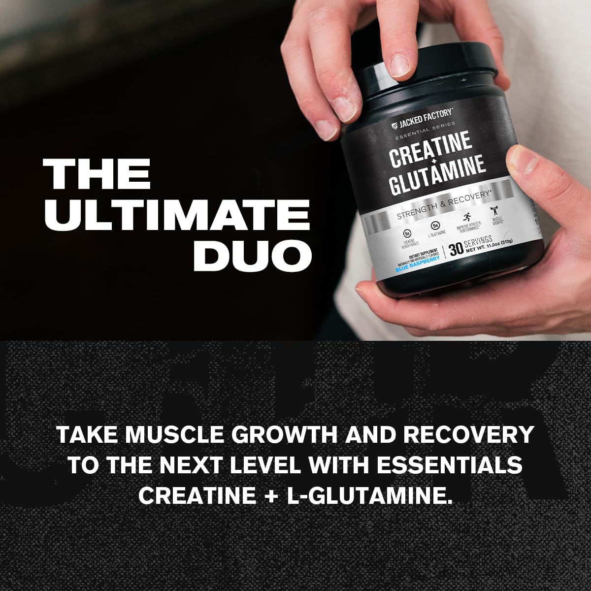 Jacked Factory Creatine + Glutamine scoop included for precise workout fueling.
