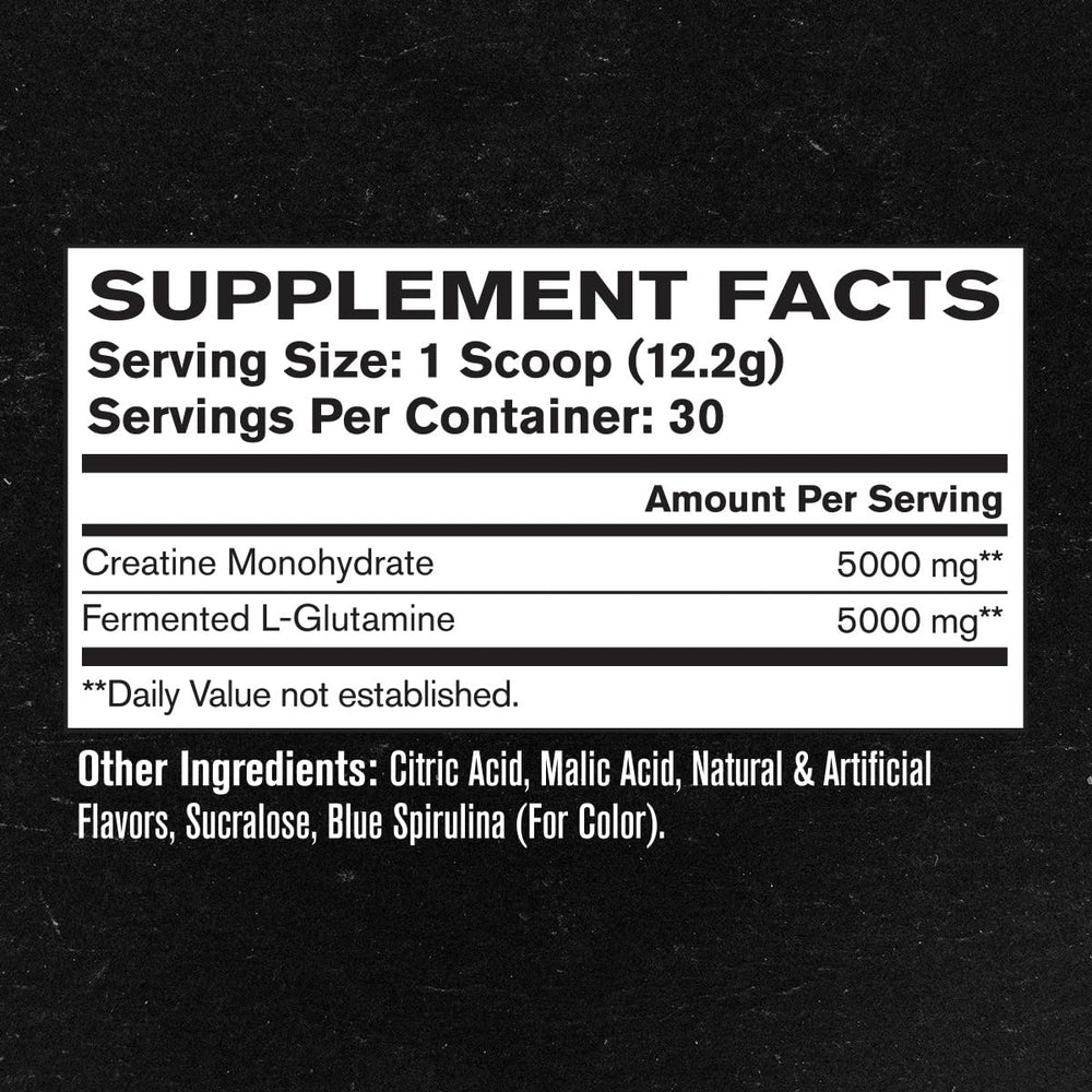 Jacked Factory Creatine + Glutamine tub back highlights fermented L-glutamine content.