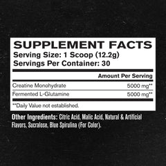 Jacked Factory Creatine + Glutamine tub back highlights fermented L-glutamine content.