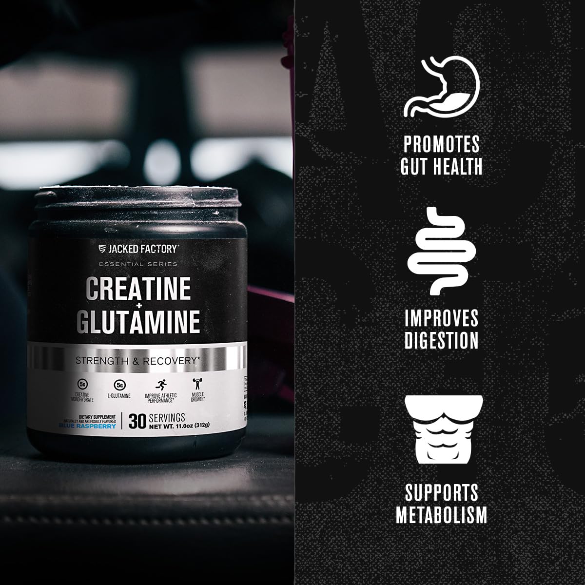 Jacked Factory Creatine + Glutamine tub front ready for daily training routines.
