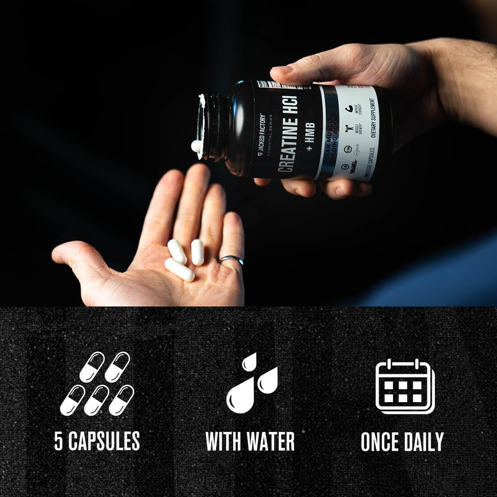 Jacked Factory Creatine HCL HMB capsules ingredients icons highlight CON-CRET, vitamin D, calcium