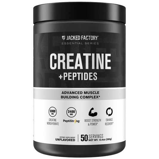 Jacked Factory Creatine and Peptides bottle with unflavored powder supports muscle growth.