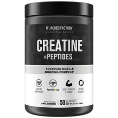 Jacked Factory Creatine and Peptides bottle with unflavored powder supports muscle growth.