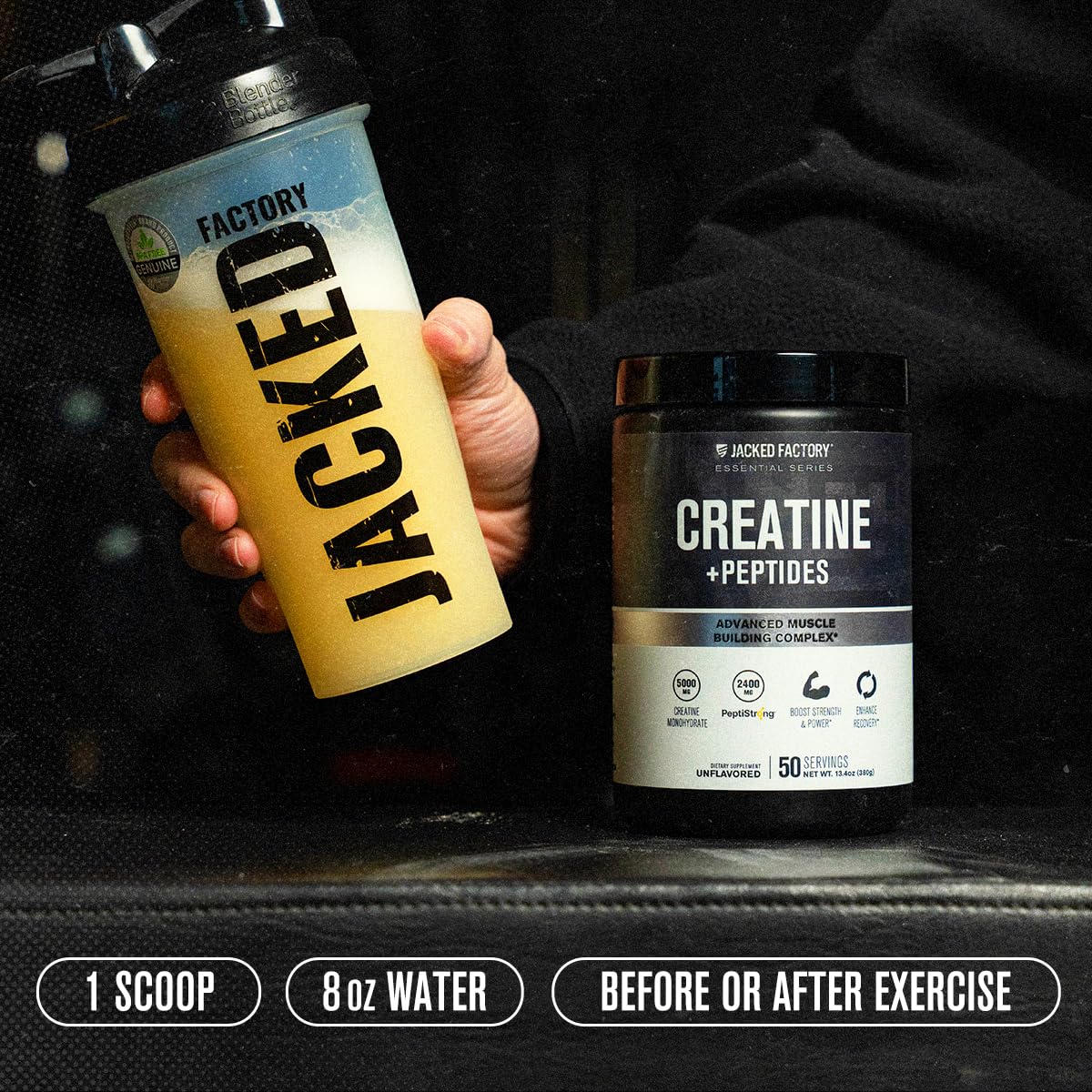 Jacked Factory Creatine Peptides ingredients list highlights vegan-friendly formula.