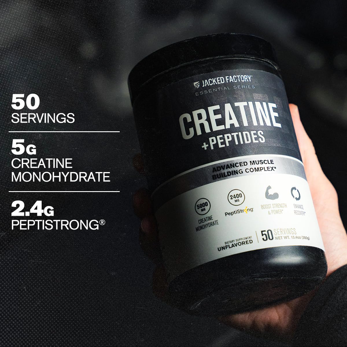 Jacked Factory Creatine Peptides label highlights the potent, clean blend.