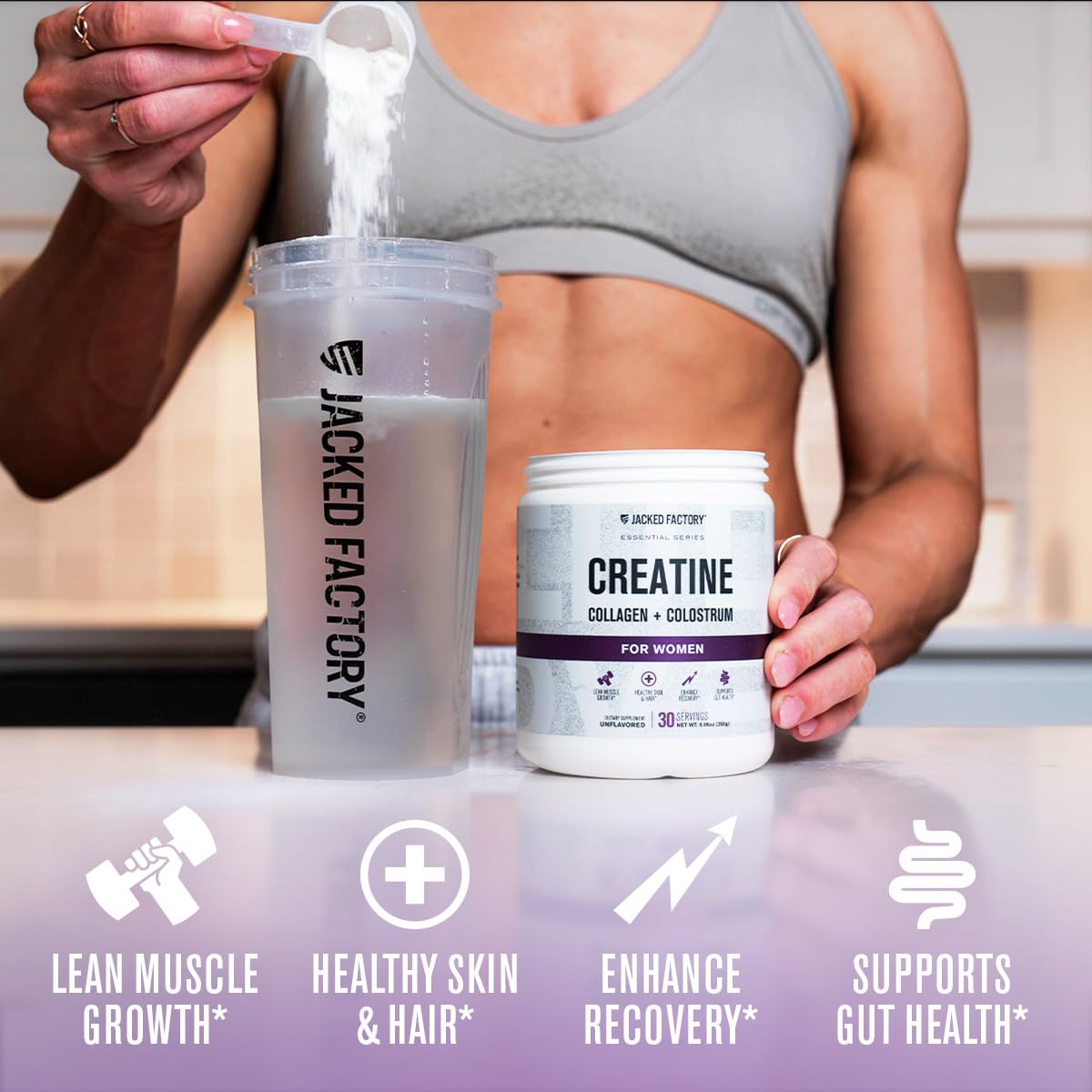 Jacked Factory Creatine for Women ingredients panel highlighting collagen and colostrum