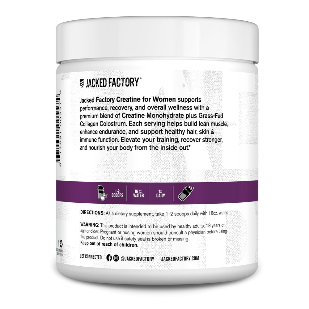 Jacked Factory Creatine for Women gluten-free label indicating clean formula