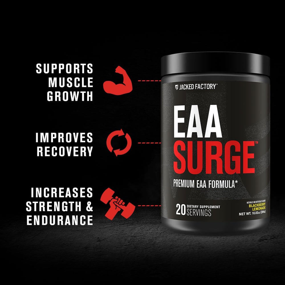 EAA Surge powder scoop close-up highlighting balanced amino blend for workouts