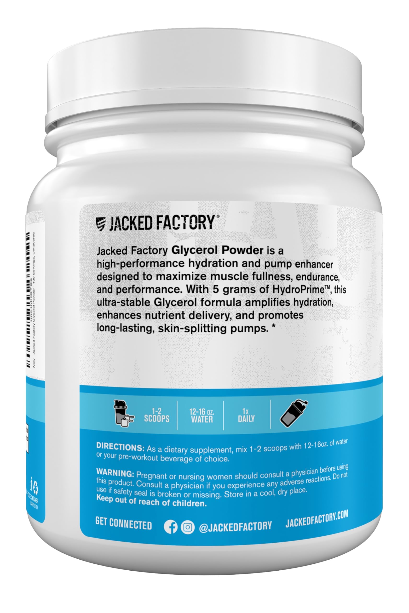 Jacked Factory Glycerol Pump Powder jar emphasizes a clean formula.
