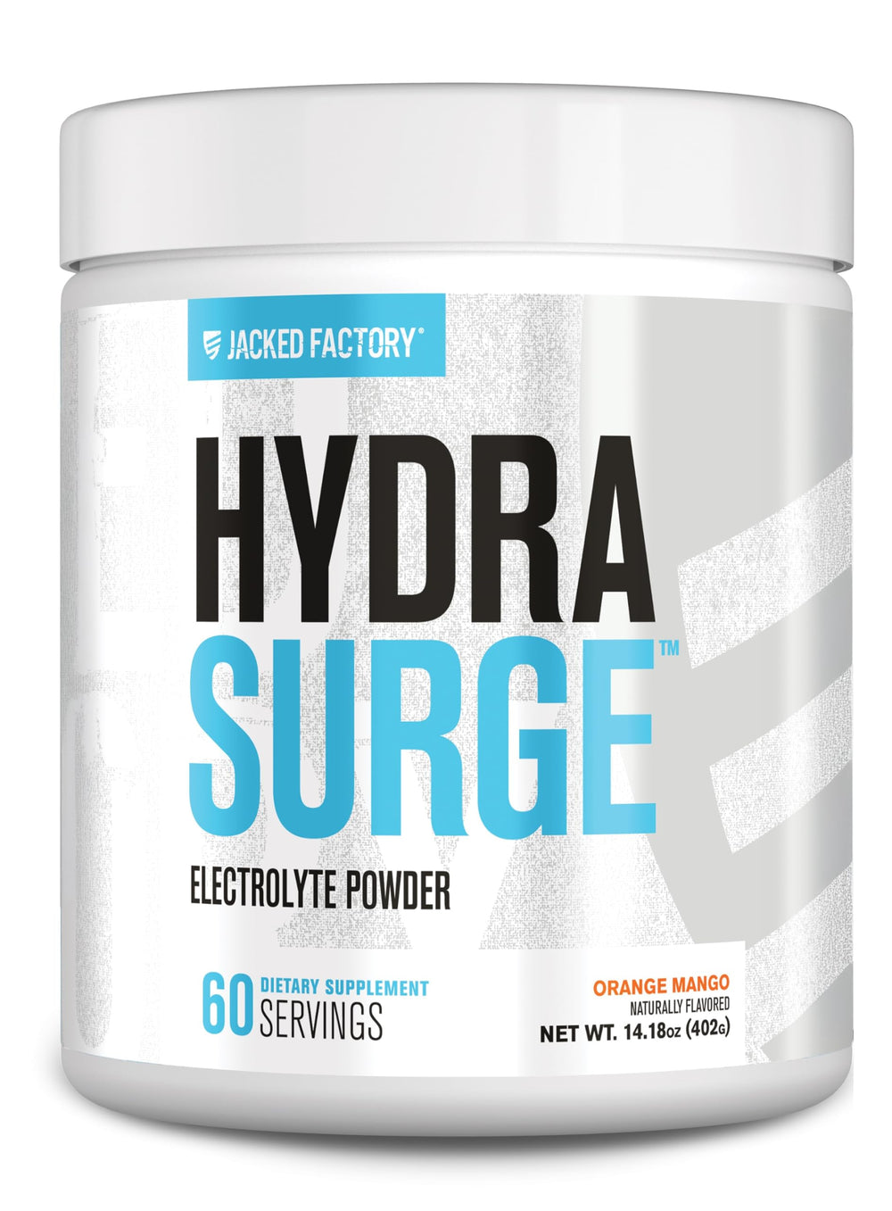 Jacked Factory HYDRASURGE orange mango tub ready for hydration during workouts.