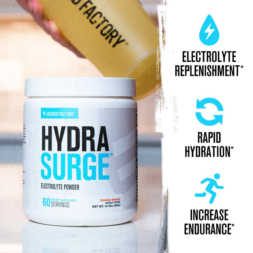 HYDRASURGE powder dissolving in water for fast hydration and refreshing flavor by Jacked Factory.
