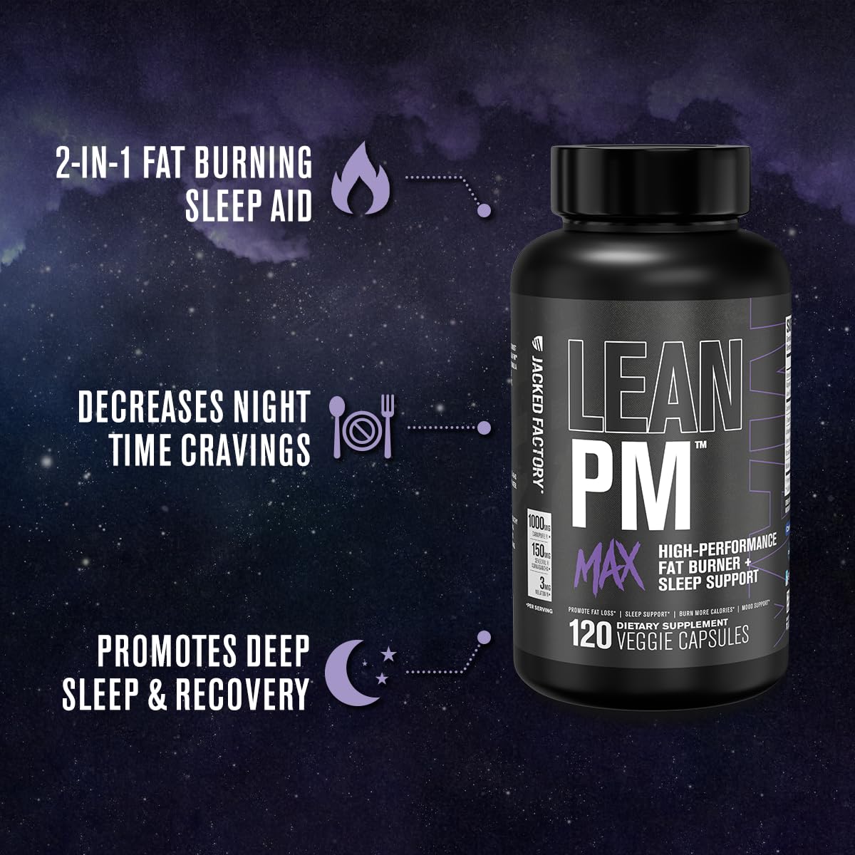 Jacked Factory Lean PM Max bottle side angle showing capsules.