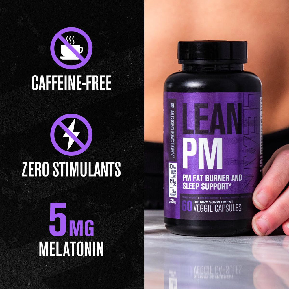 Jacked Factory Lean PM pills closeup emphasizes veggie capsules and clean ingredients
