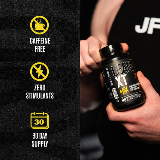 Jacked Factory Lean-XT Max bottle back with nutrition facts and clean ingredients.