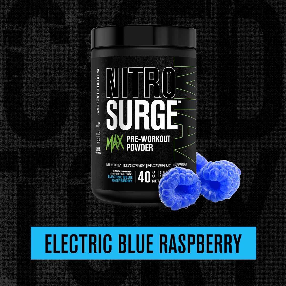 Bottle of Nitrosurge Max electric blue raspberry pre-workout ready for use.